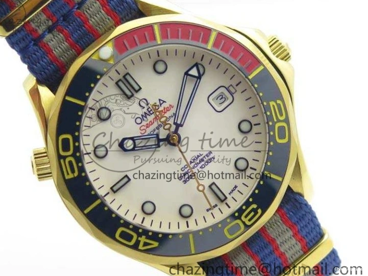 0327 Modern Seamaster 300M 007 YG URF 1:1 Best Edition White Dial Ceramic Bezel On Nylon Strap A 8115